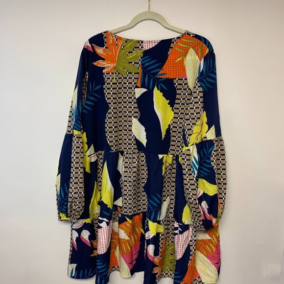 Mini bohemian dress SZ 2X bishop sleeves dropped waist abstract leaf print - Picture 2 of 14
